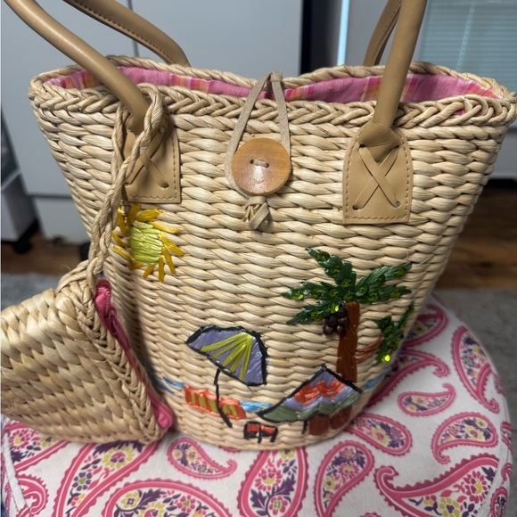 Tropical Embroidered Straw Tote with Tan Handles - Picture 2 of 5